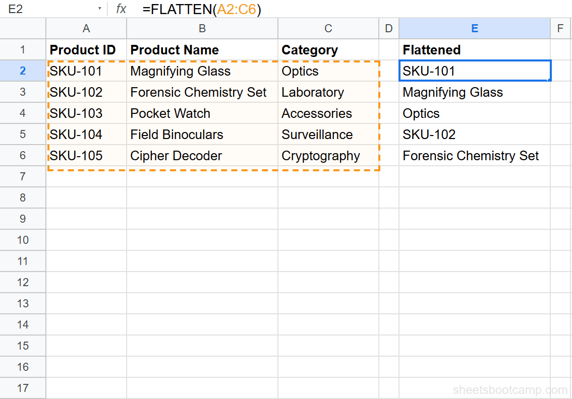 FLATTEN formula in cell E2 with result showing all values in a single column