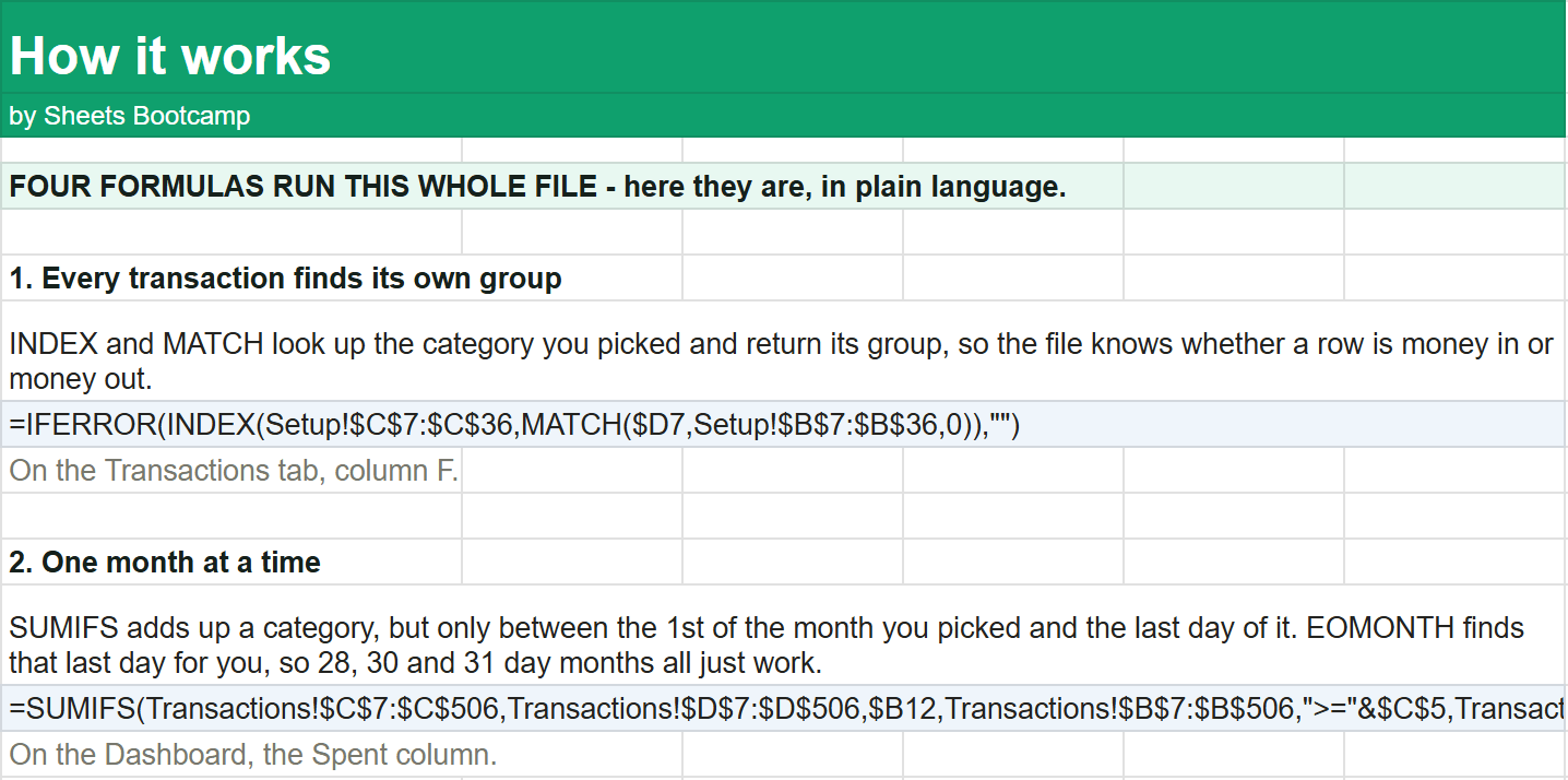 How it works tab showing the INDEX MATCH and SUMIFS formulas from the budget template with plain-language explanations