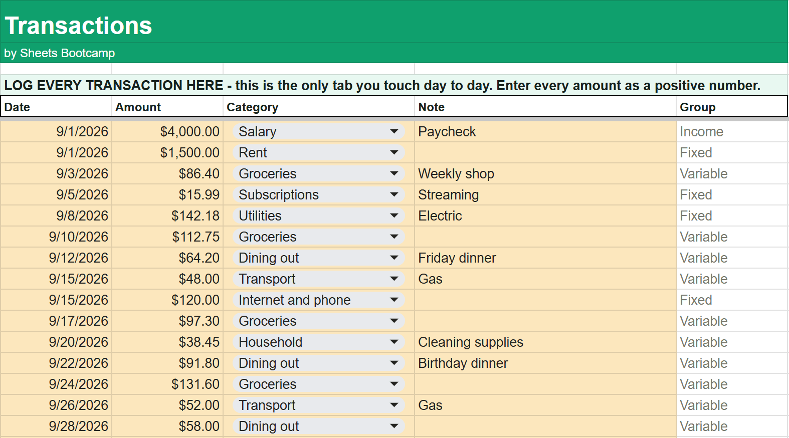 Transactions tab with fifteen September entries, each with a date, amount, category dropdown and note