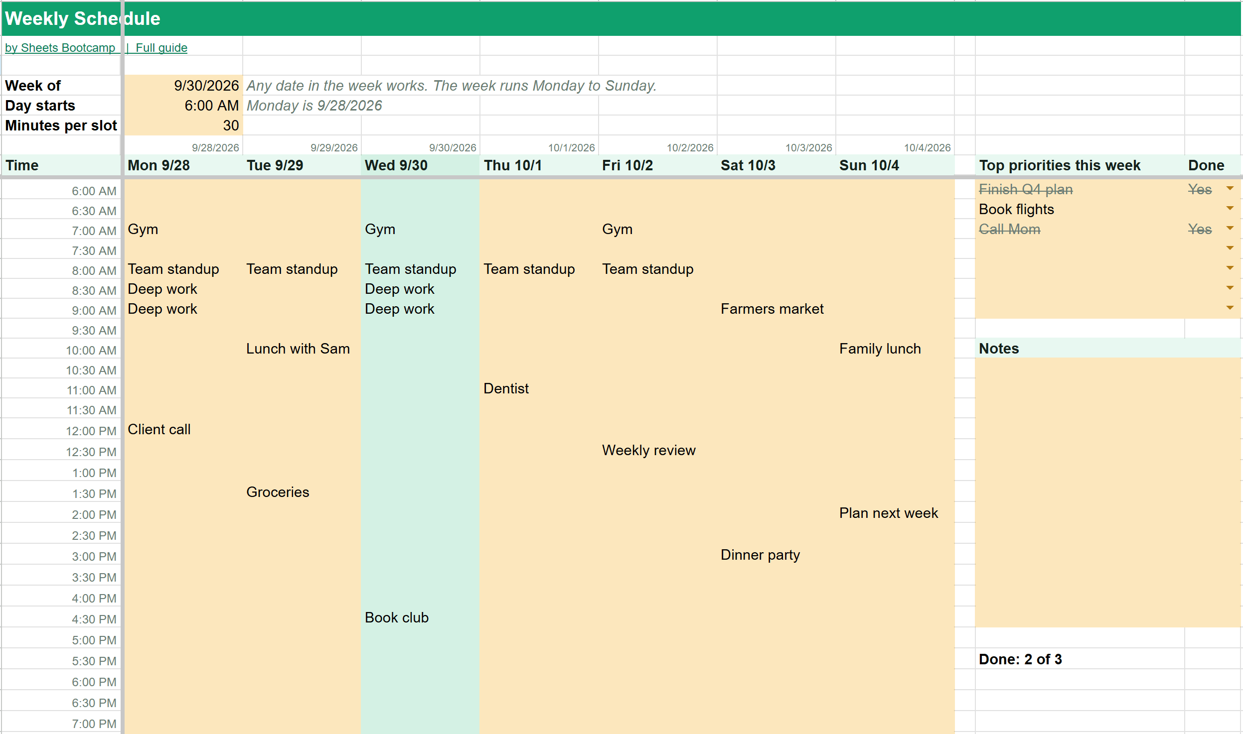 Google Sheets weekly schedule for the week of Mon 9/28 to Sun 10/4 with half-hour time slots, events in the grid and a top priorities list