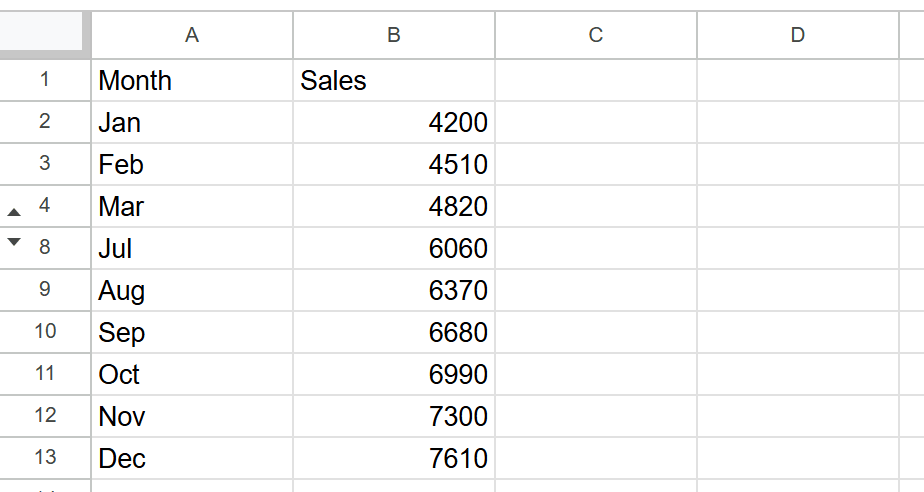 Google Sheets with rows 5 to 7 hidden, row numbers jumping from 4 to 8 with small arrows beside them