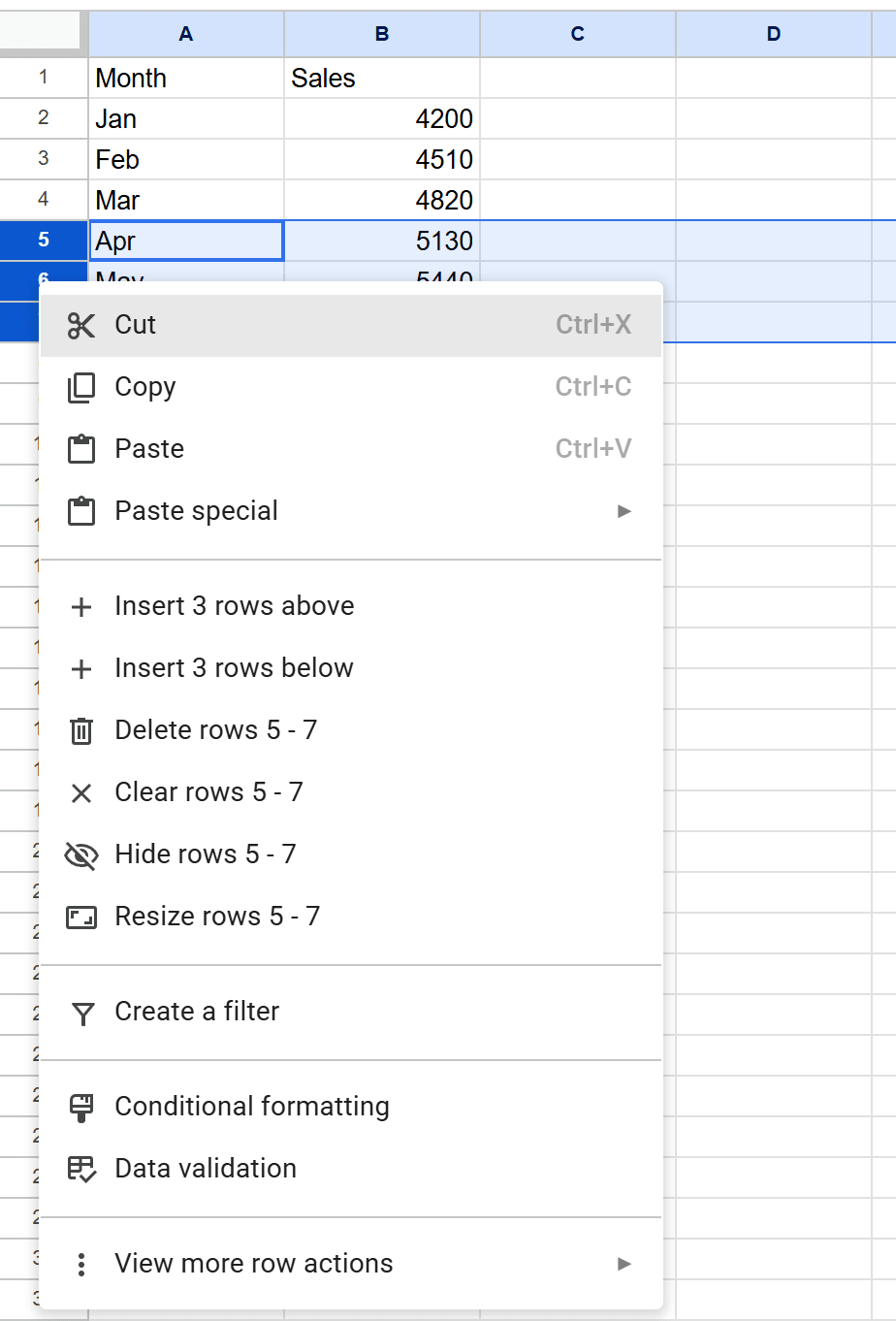 Right-click menu on rows 5 to 7 in Google Sheets with Hide rows 5 - 7 among the options