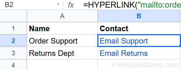 HYPERLINK formula creating a mailto link in Google Sheets