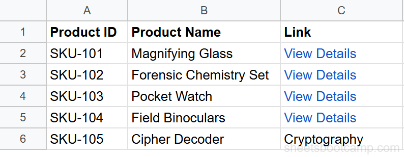 Clickable blue hyperlink text in cell C2 reading View Details