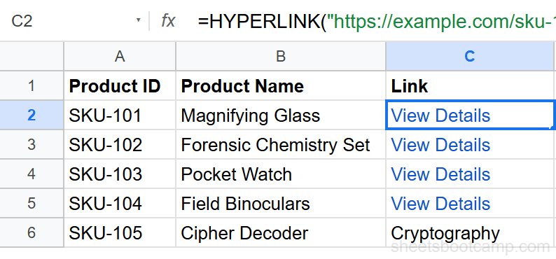 HYPERLINK formula entered in cell C2 with formula bar showing the syntax