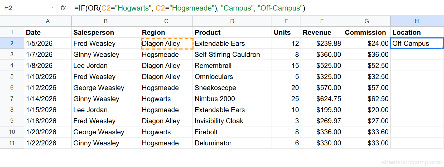 IF OR formula in cell H2 with formula bar showing two region conditions