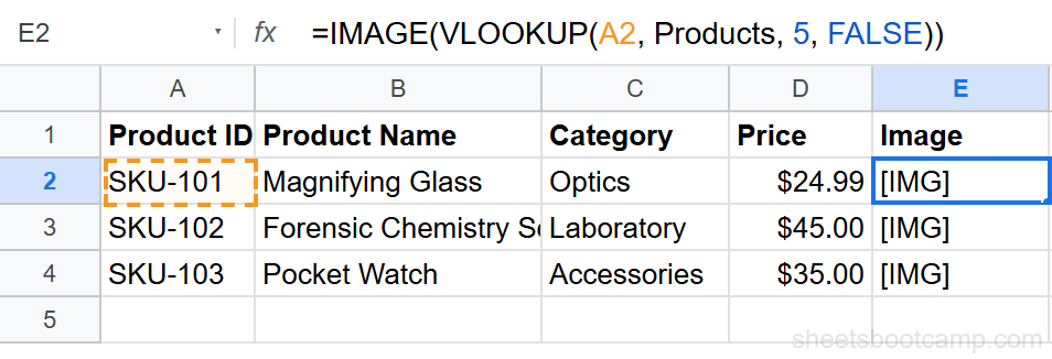 IMAGE combined with VLOOKUP showing product photo based on lookup value