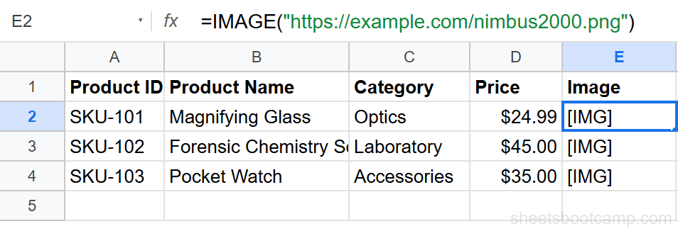 IMAGE formula in cell E2 with product image displayed inside the cell