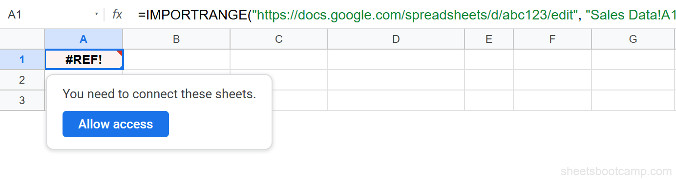 #REF error cell with Allow access tooltip in Google Sheets