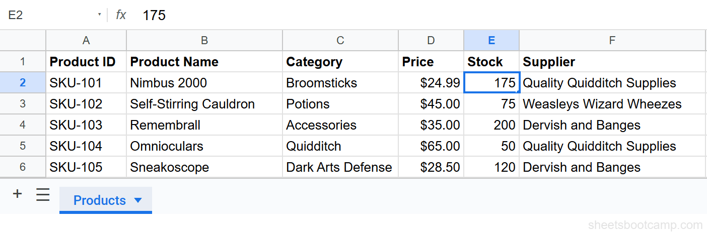 Source spreadsheet with Stock value for SKU-101 changed from 150 to 175