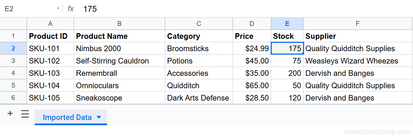 Destination spreadsheet showing updated Stock value of 175 for SKU-101 via IMPORTRANGE