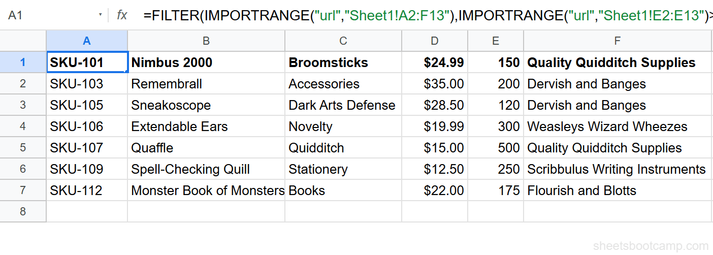 FILTER wrapped around IMPORTRANGE formula in the formula bar of the destination spreadsheet