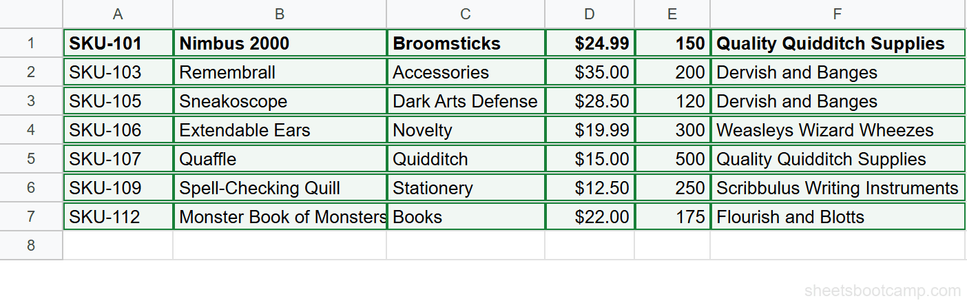 Filtered product list showing 7 rows where Stock is greater than 100