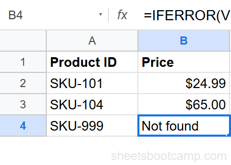 IFERROR wrapping VLOOKUP with IMPORTRANGE returning Not found for SKU-999