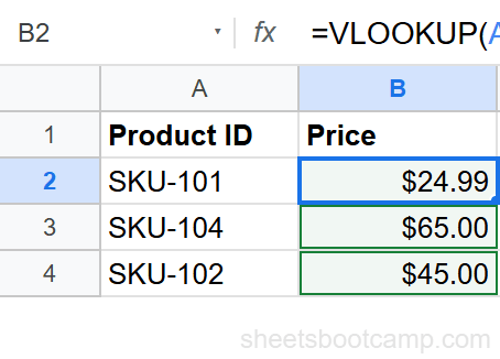 VLOOKUP with IMPORTRANGE returning prices for three products from external spreadsheet