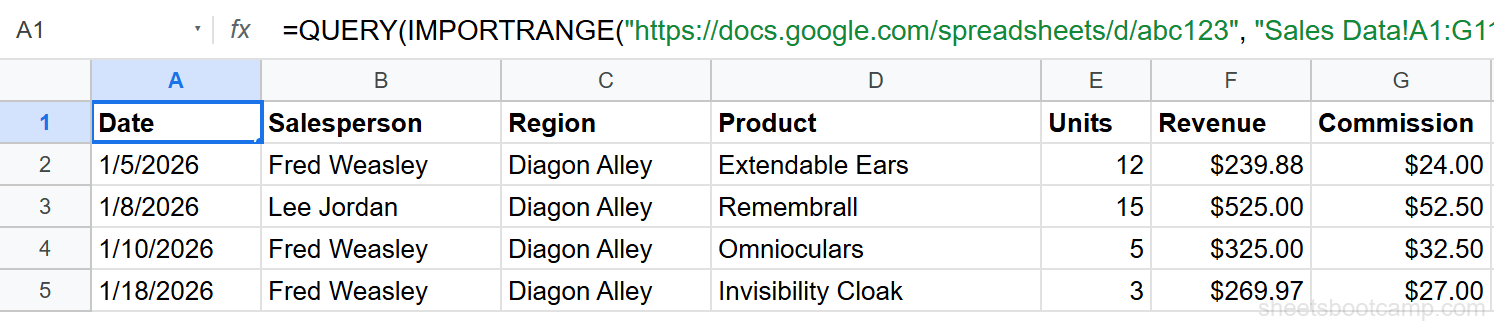 QUERY wrapping IMPORTRANGE showing 4 Diagon Alley sales rows