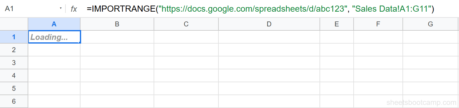 IMPORTRANGE formula entered in the formula bar with Loading shown in the cell