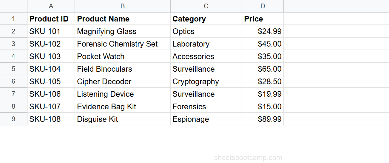 Product inventory with lookup IDs in column H