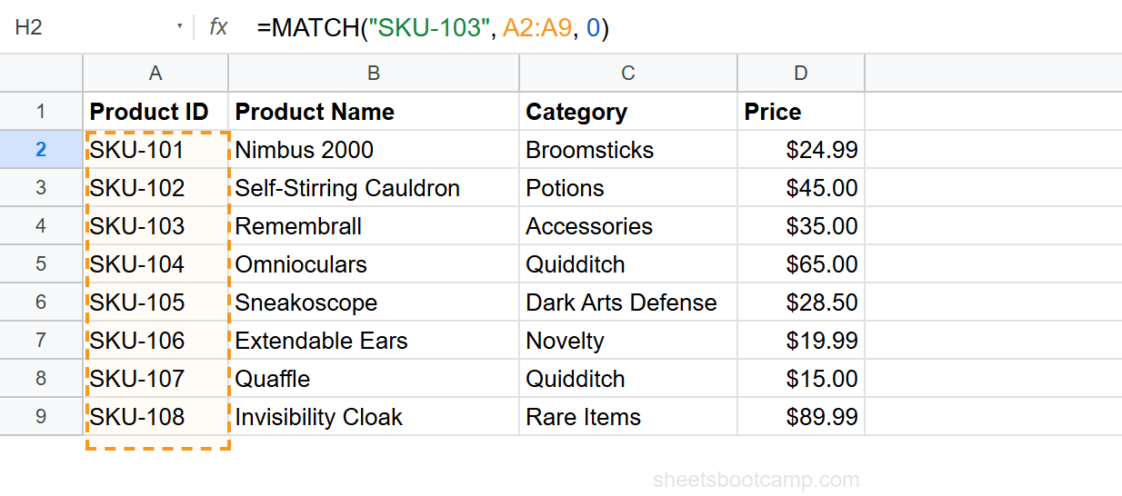MATCH formula returning 3 for SKU-103 in the product inventory