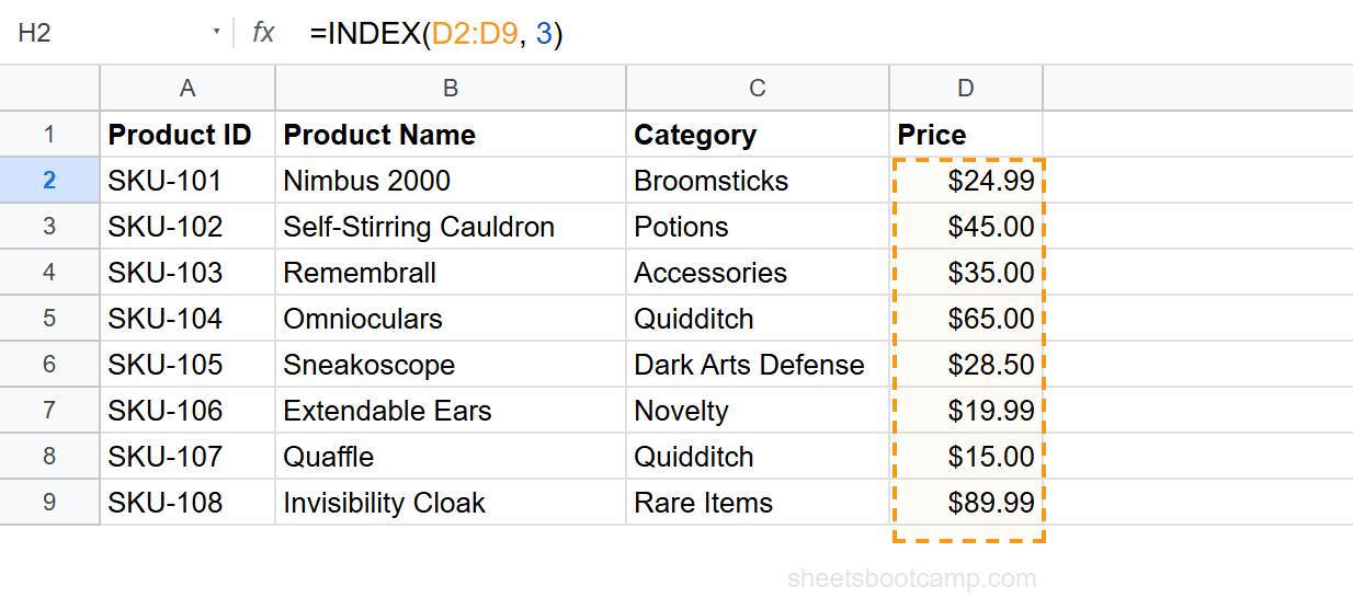 INDEX formula returning $35.00 from the Price column