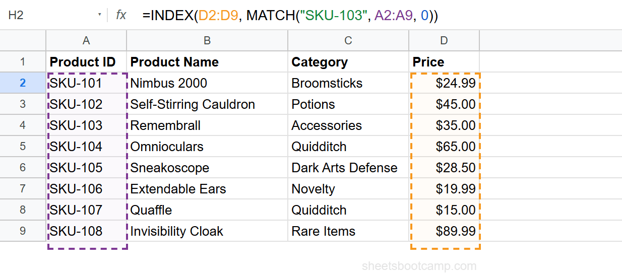 Combined INDEX MATCH formula returning $35.00 with formula bar showing the full formula