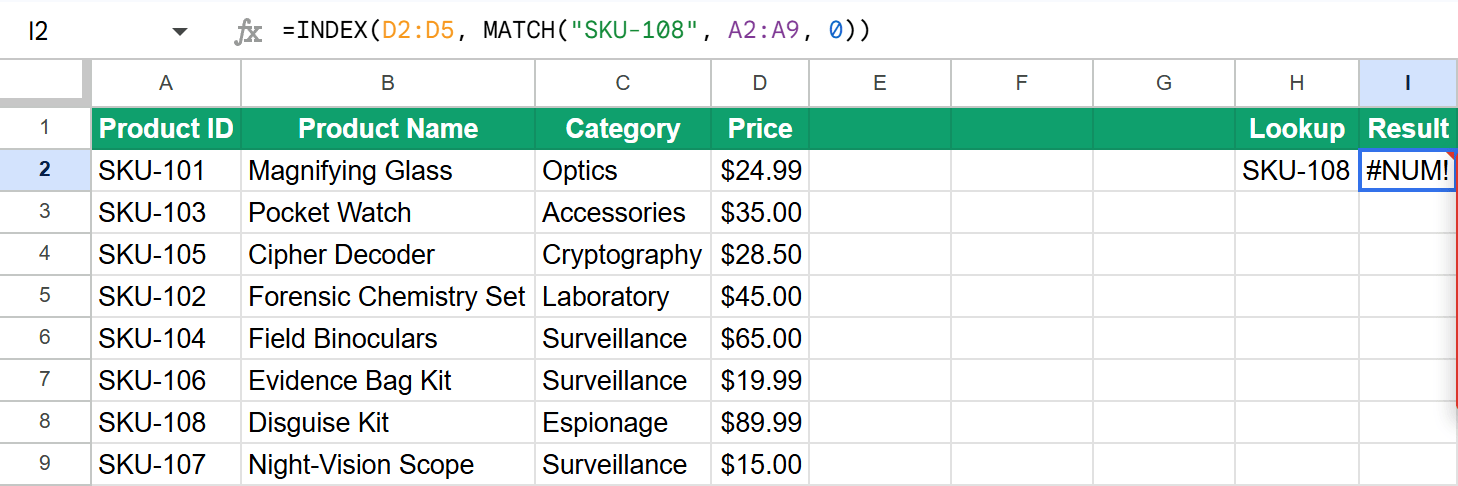 INDEX MATCH returning #NUM! error because MATCH found position 7 in an 8-row range while INDEX covers only 4 rows