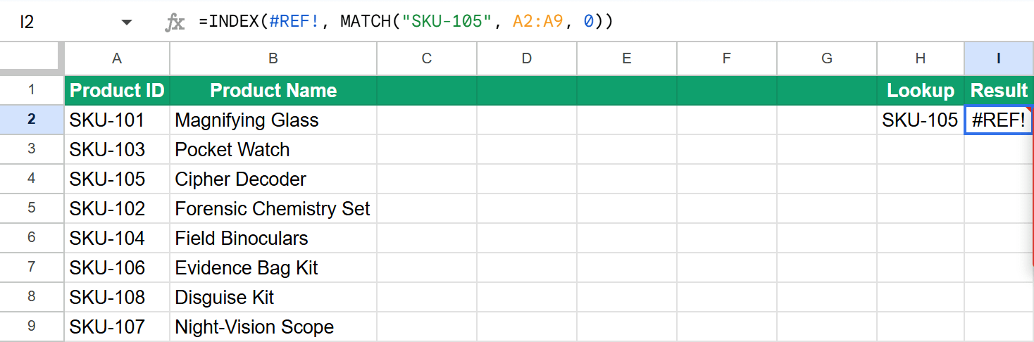 INDEX MATCH returning #REF! error after the referenced column was deleted, with the formula rewritten to =INDEX(#REF!, MATCH("SKU-105", A2:A9, 0)) in the formula bar