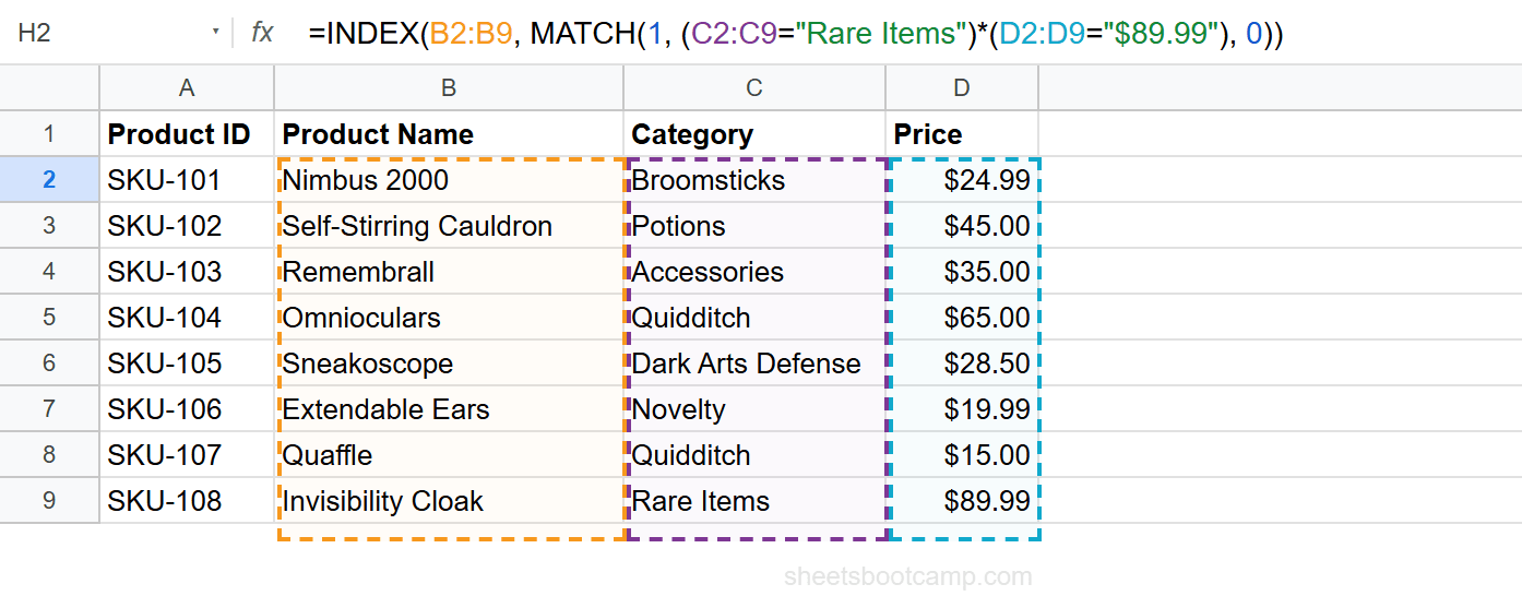 INDEX MATCH with two criteria returning Invisibility Cloak for Rare Items at $89.99