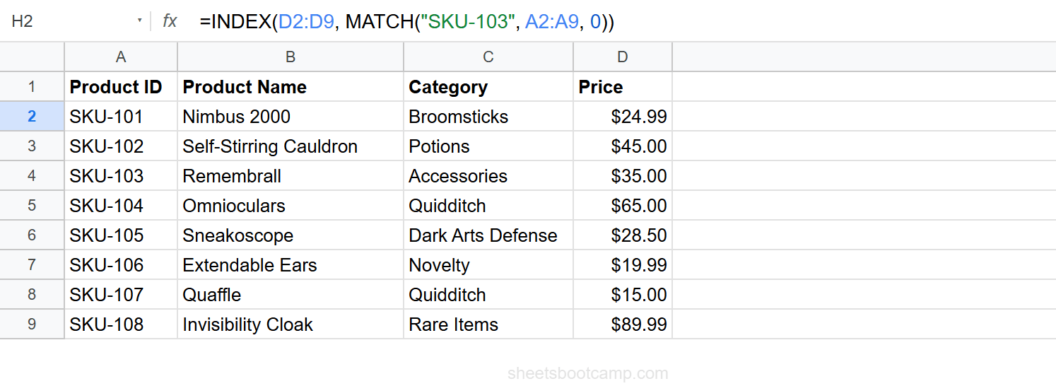 Side-by-side comparison of VLOOKUP and INDEX MATCH returning the same result