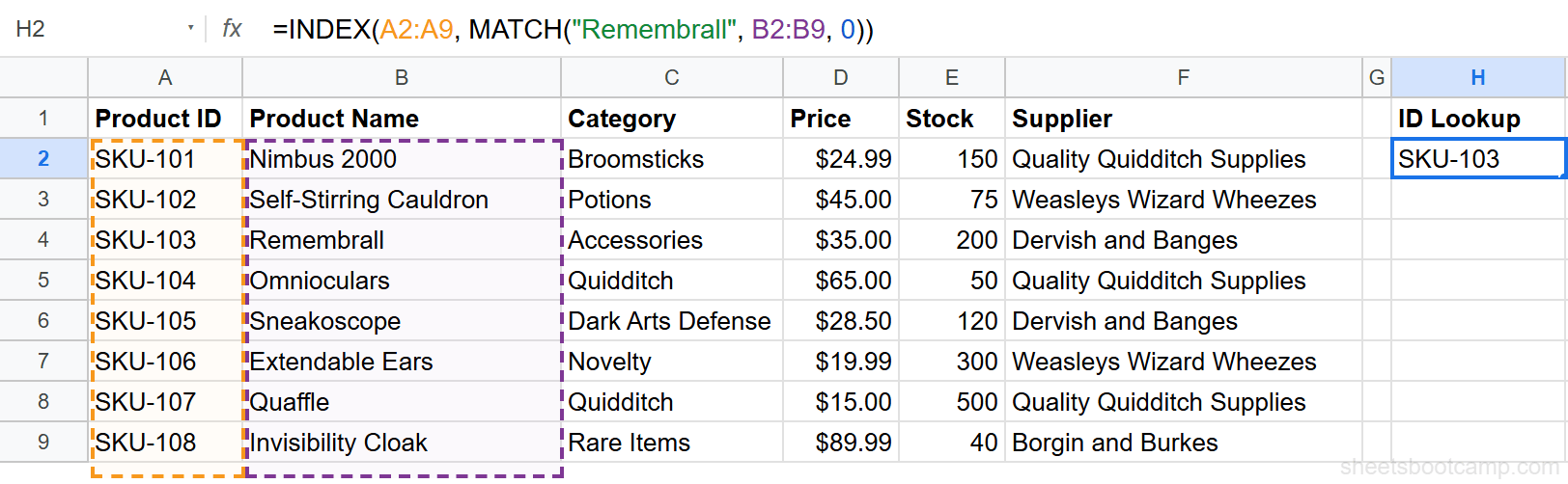 Left lookup with INDEX MATCH returning SKU-103 by searching for Remembrall in the Product Name column