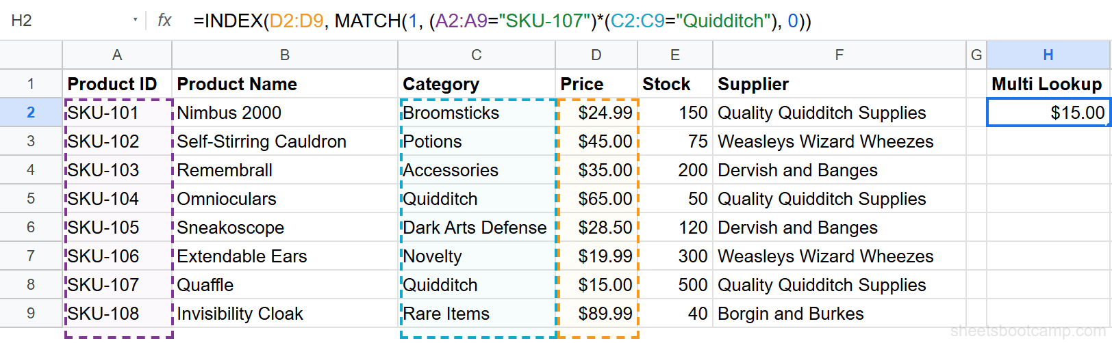 Multiple criteria INDEX MATCH returning $15.00 for SKU-107 in the Quidditch category