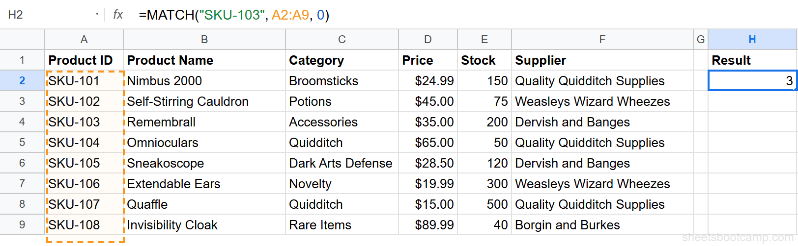MATCH formula in a cell returning 3 with formula bar showing =MATCH("SKU-103", A2:A9, 0)