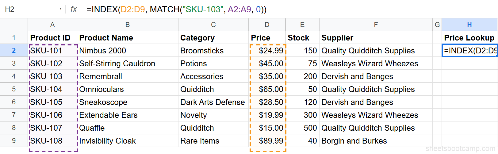 Combined INDEX MATCH formula returning $35.00 with the full formula visible in the formula bar
