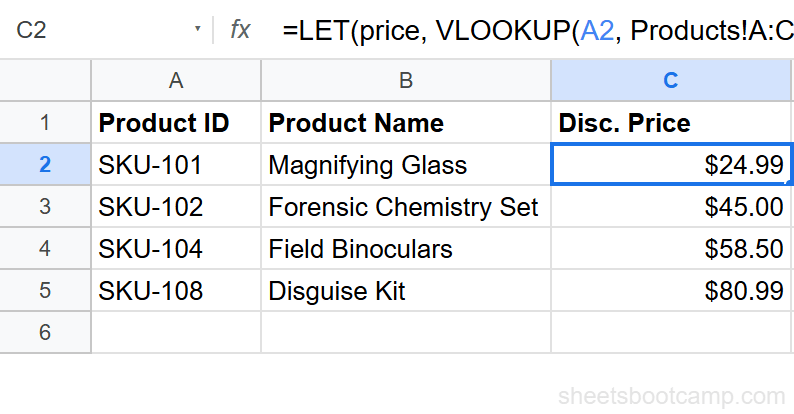 LET formula in cell B2 with named variable price replacing repeated VLOOKUP