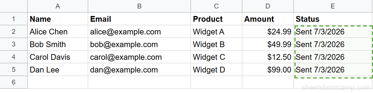 Google Sheets showing Status column with Sent timestamps after mail merge