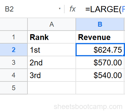 LARGE function results showing 1st ($624.75), 2nd ($570.00), and 3rd ($540.00) highest values
