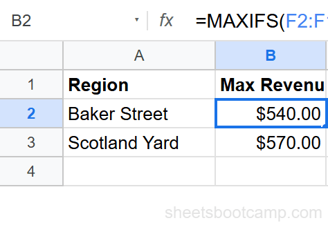 MAXIFS result showing the highest revenue for Baker Street