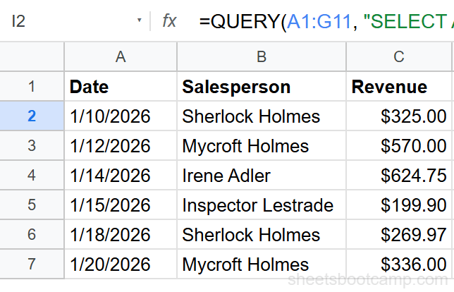 QUERY filtering date range January 10-20 showing 6 rows