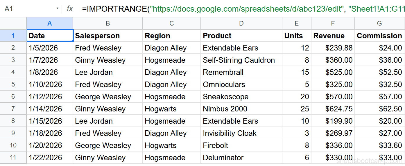 IMPORTRANGE displaying external sales records data