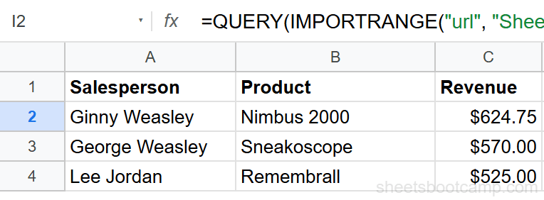 QUERY IMPORTRANGE filtering for revenue over $400