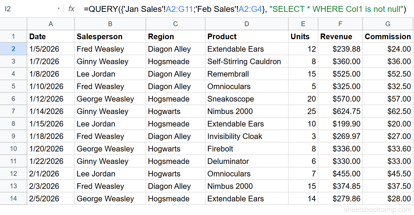 QUERY combining two sheets with 13 rows of results