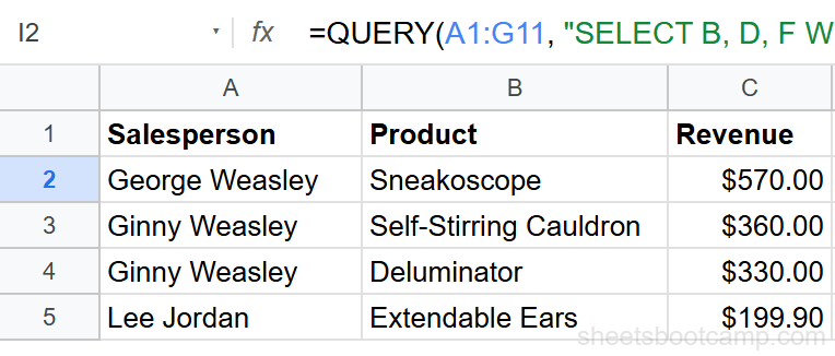 QUERY ORDER BY with WHERE filtering Hogsmeade and sorting by revenue