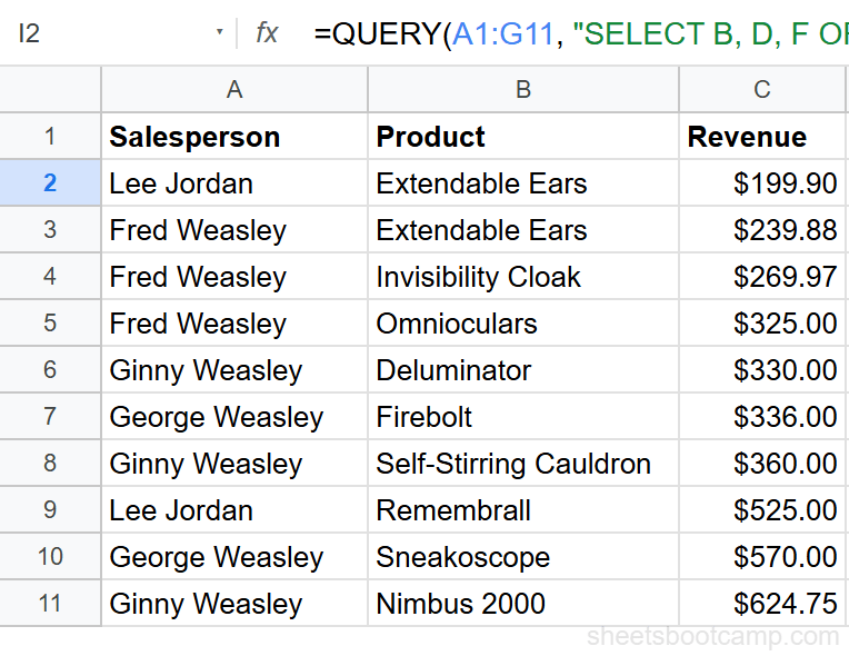 QUERY ORDER BY sorting revenue ascending showing 10 rows