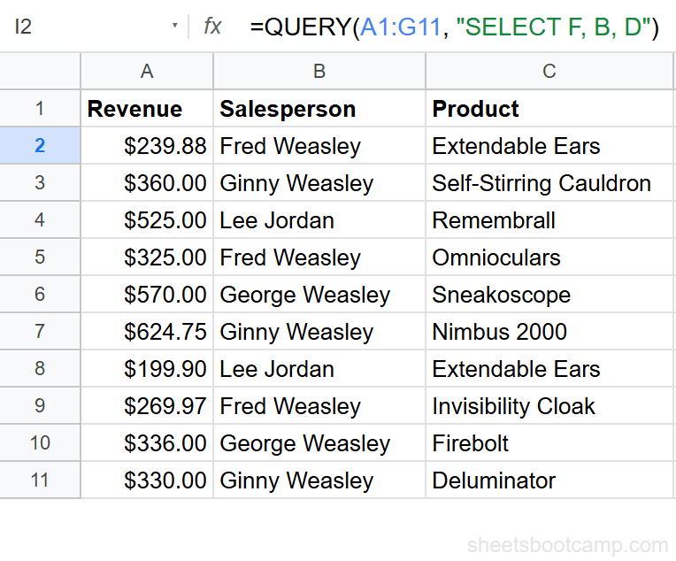 QUERY SELECT with reordered columns showing Revenue first