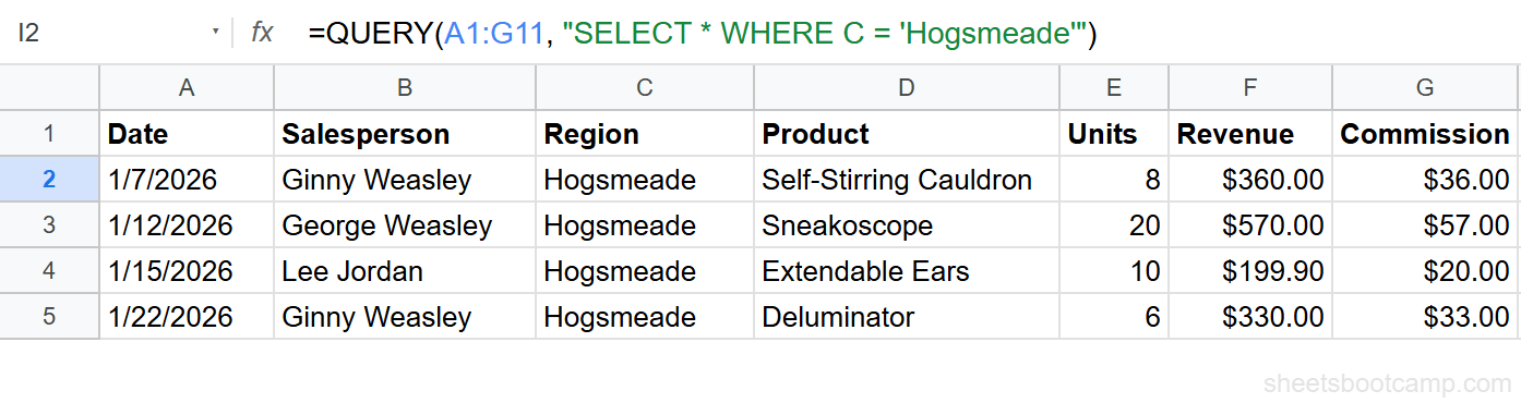 QUERY WHERE filtering for Hogsmeade region showing 4 result rows