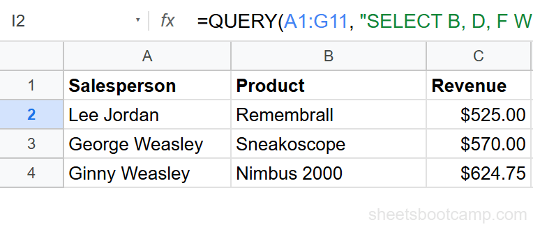 QUERY WHERE filtering for revenue over $400 showing 3 rows