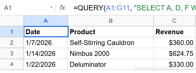 QUERY filtering for Ginny Weasley sales showing 3 result rows