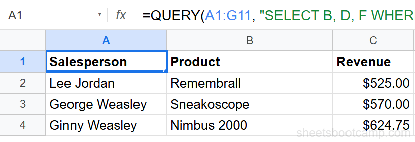 QUERY formula with WHERE clause filtering for revenue over 400