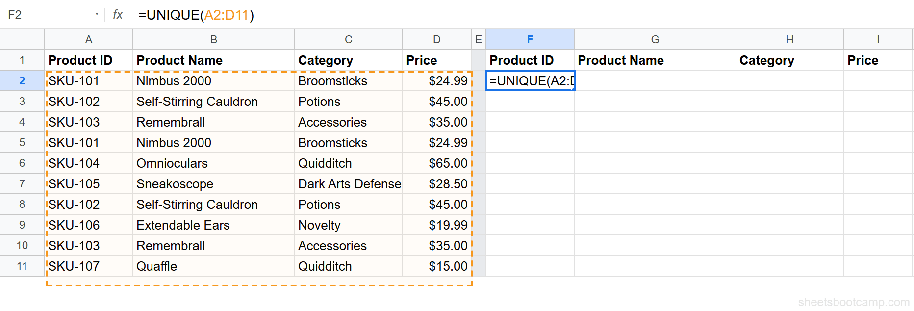 UNIQUE formula in cell F2 referencing the data range A2:D11