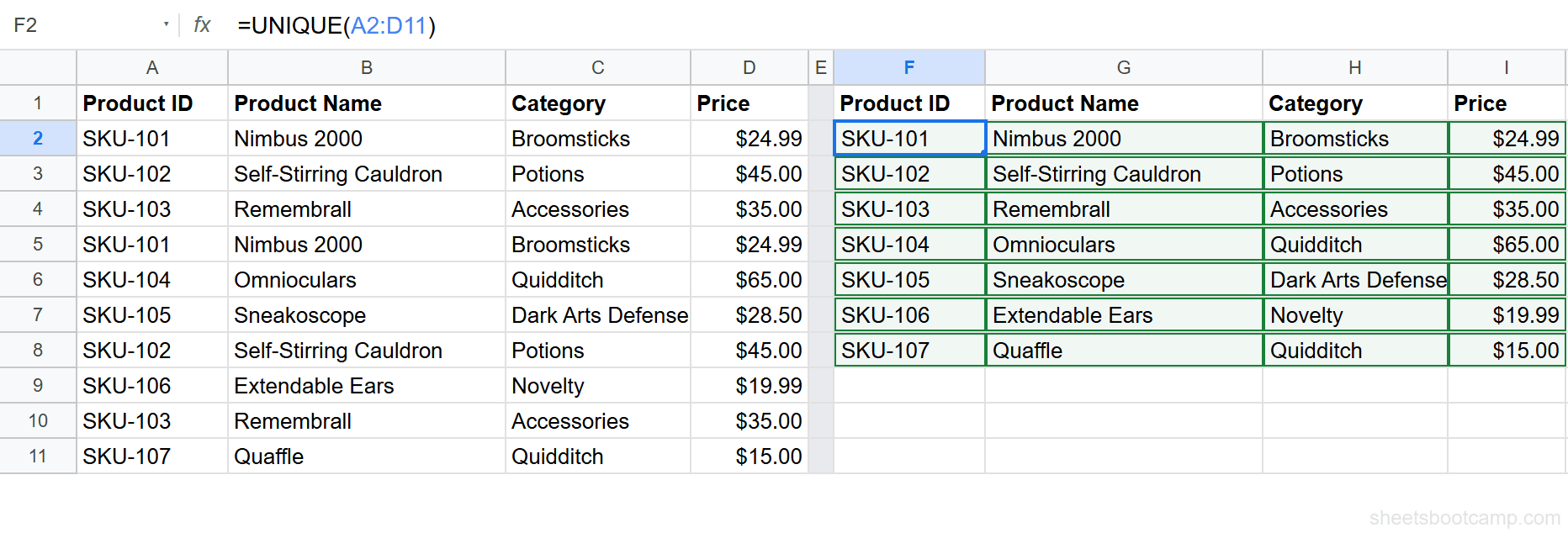 UNIQUE function returning 7 unique rows from a list of 10 with duplicates